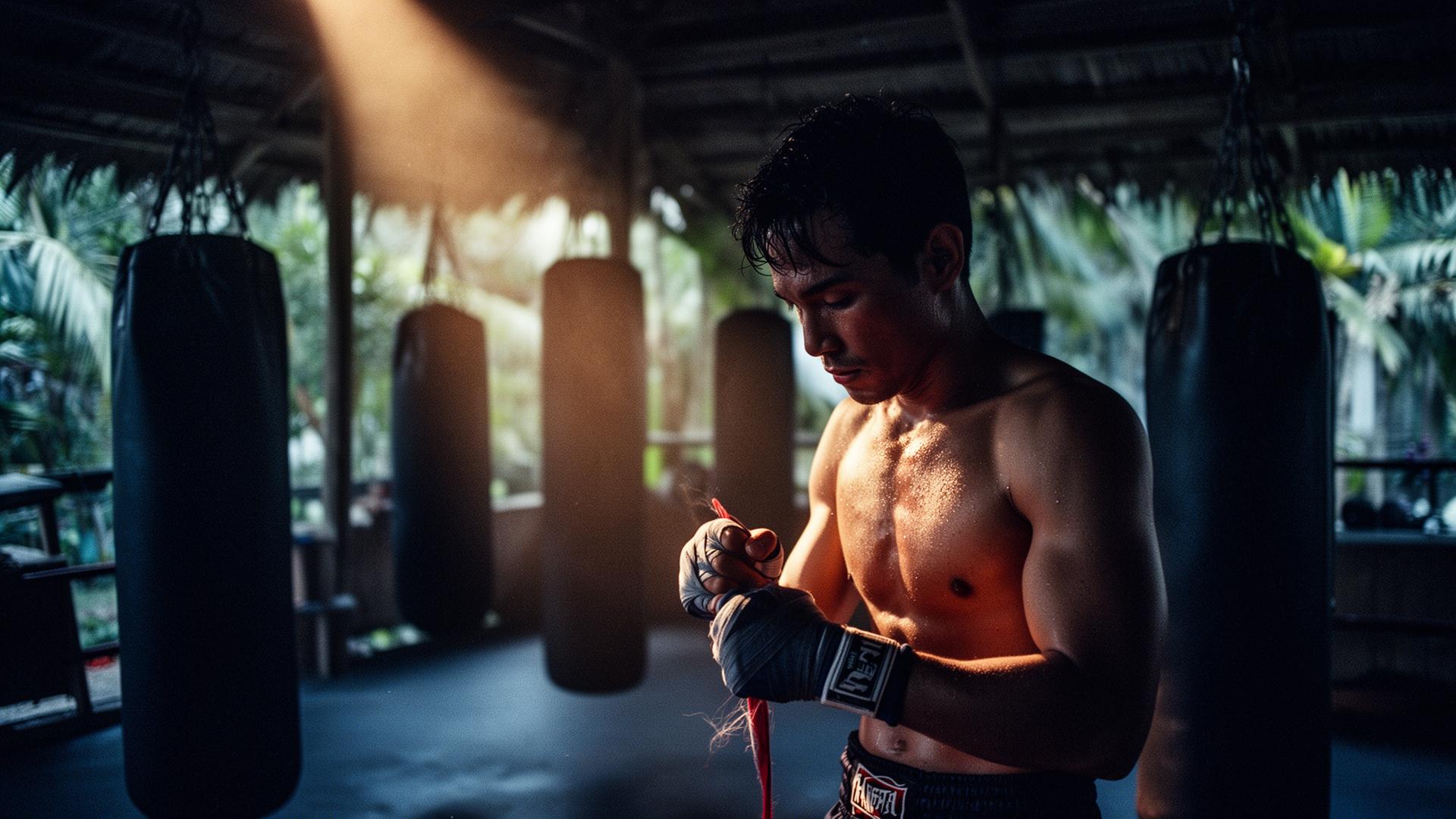 Muay Thai fighter wrapping hands in the Twin Tigers gym