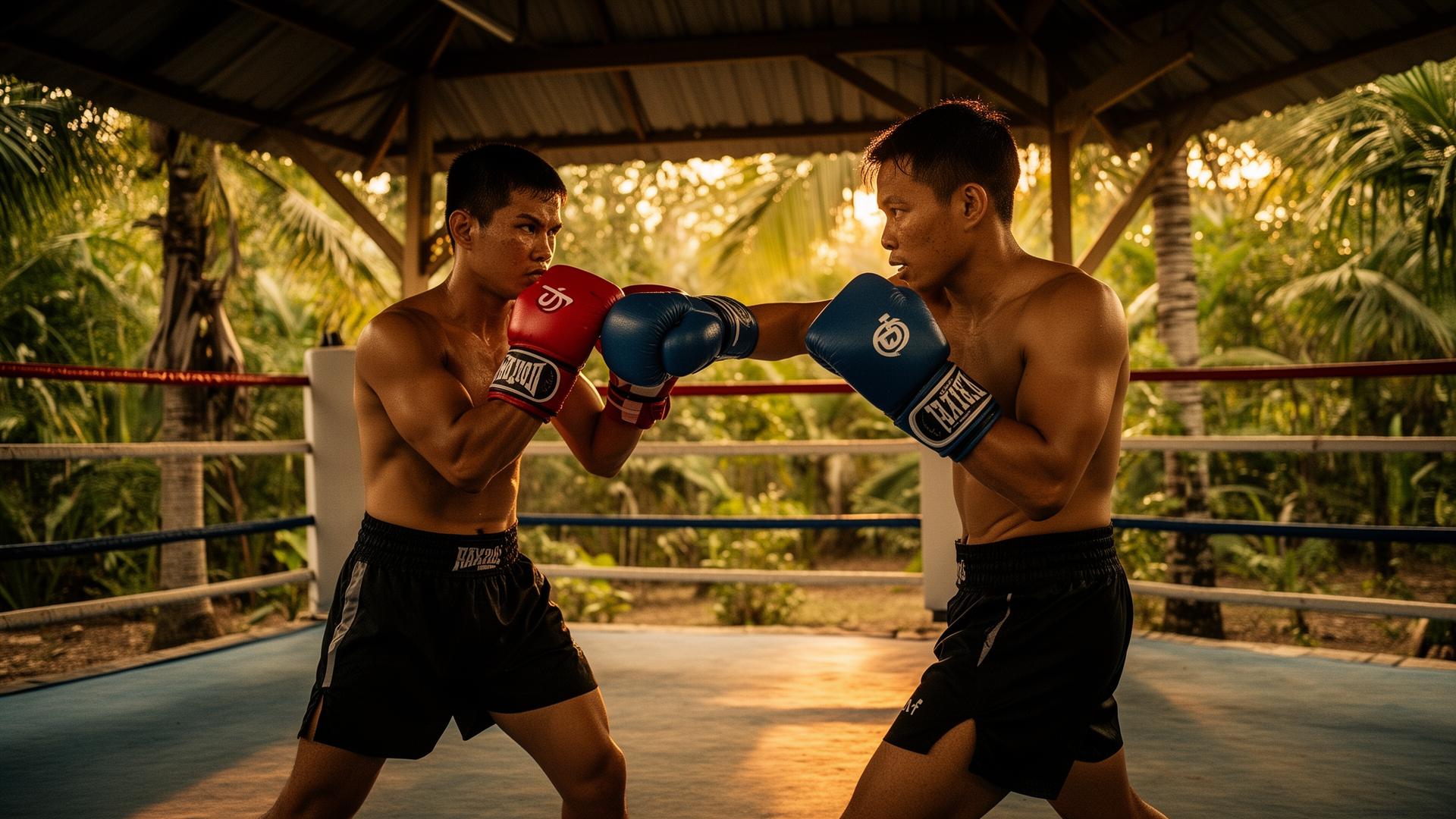 Trainer holding pads for a fighter in the open-air ring